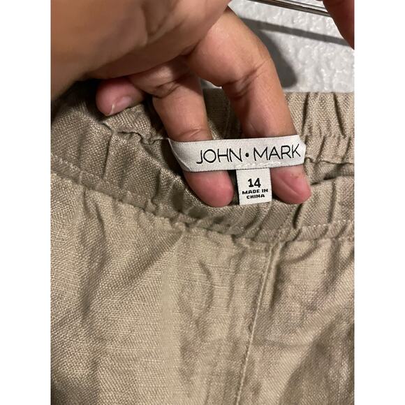 John Mark Womens Pants Size 14 Beige Linen Fringe Hem Pull On Relaxed Lagenlook - Picture 2 of 8